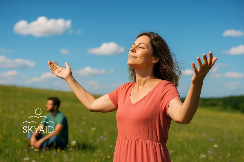 mujer con las manos abiertas al cielo en un campo verde que expresa confianza y paz interior al poner algo en manos de Dios