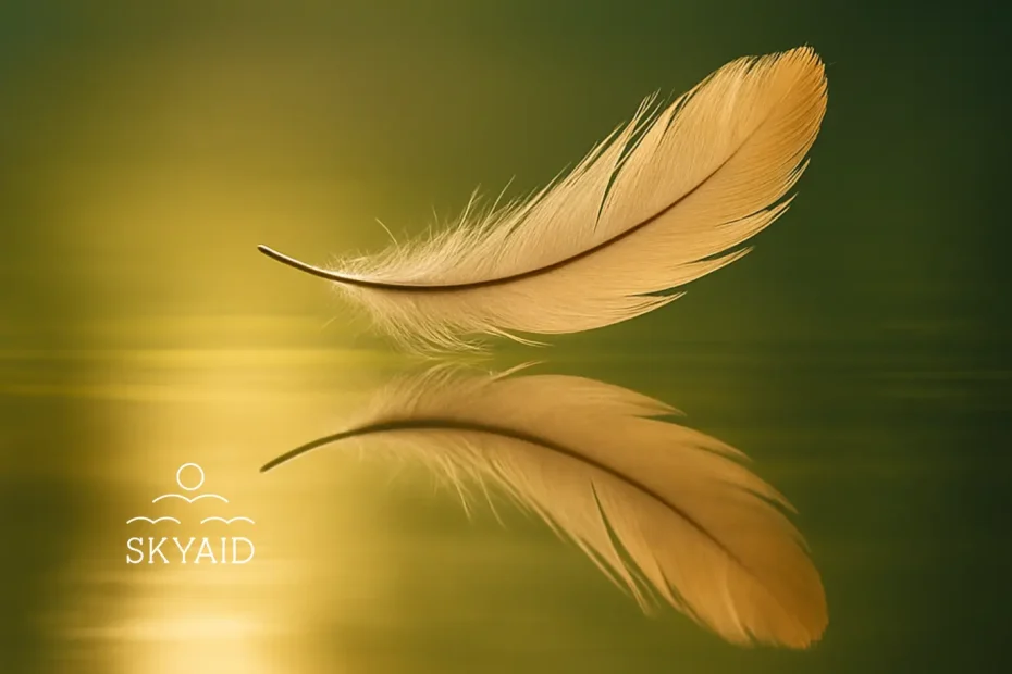 Pluma dorada flotando sobre agua tranquila que simboliza el equilibrio entre deseos y aspiraciones y el desapego consciente.