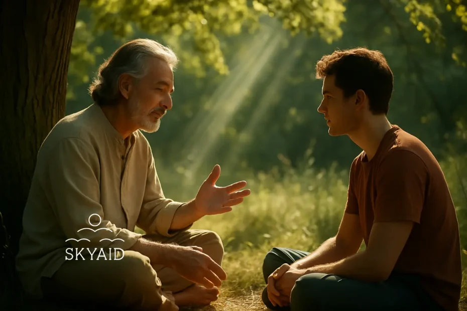 Maestro enseñando desde el corazón en una escena espiritual bajo la luz del bosque