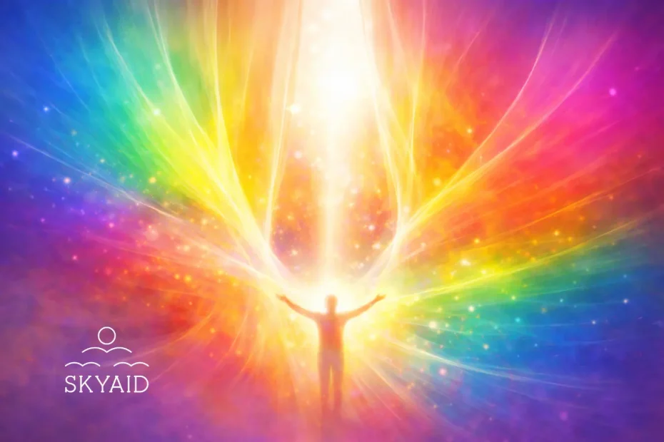 Representación del favor divino celestial como asistencia espiritual que desciende en forma de luz y acompaña la apertura interior del ser humano.