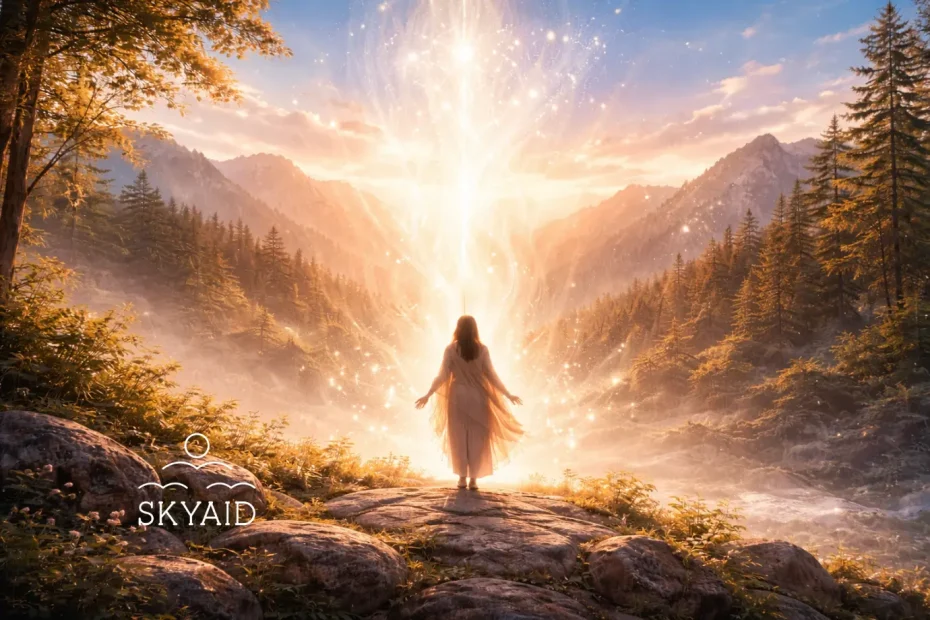 frases esotéricas para el despertar interior representadas por una figura humana secundaria en un amanecer luminoso que sugiere conciencia, revelación interior y silencio del alma.