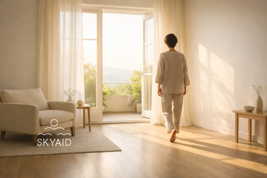 Mensajes espirituales cortos para la estabilidad emocional representados por una persona caminando hacia la luz en un espacio sereno