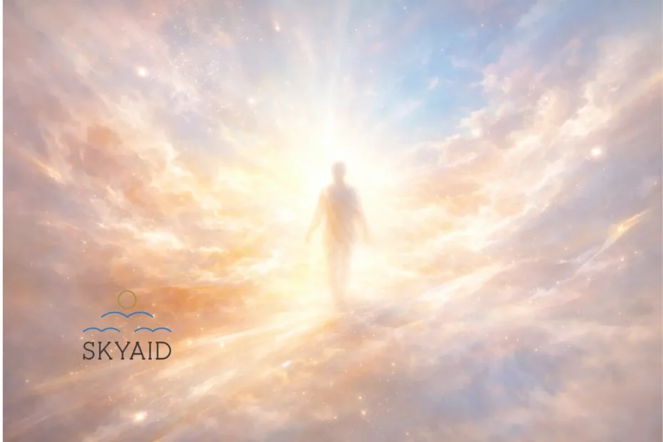 Mensajes espirituales del alma representados por una figura humana avanzando hacia la luz, símbolo de despertar de la conciencia y conexión profunda con el ser interior.