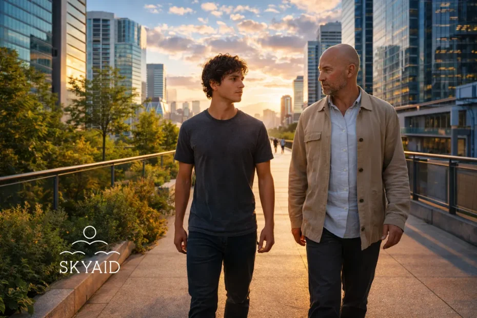 Pedagogía espiritual severa representada por un maestro firme y cercano que acompaña a un joven en un entorno urbano contemporáneo, mostrando guía, carácter y libertad interior.