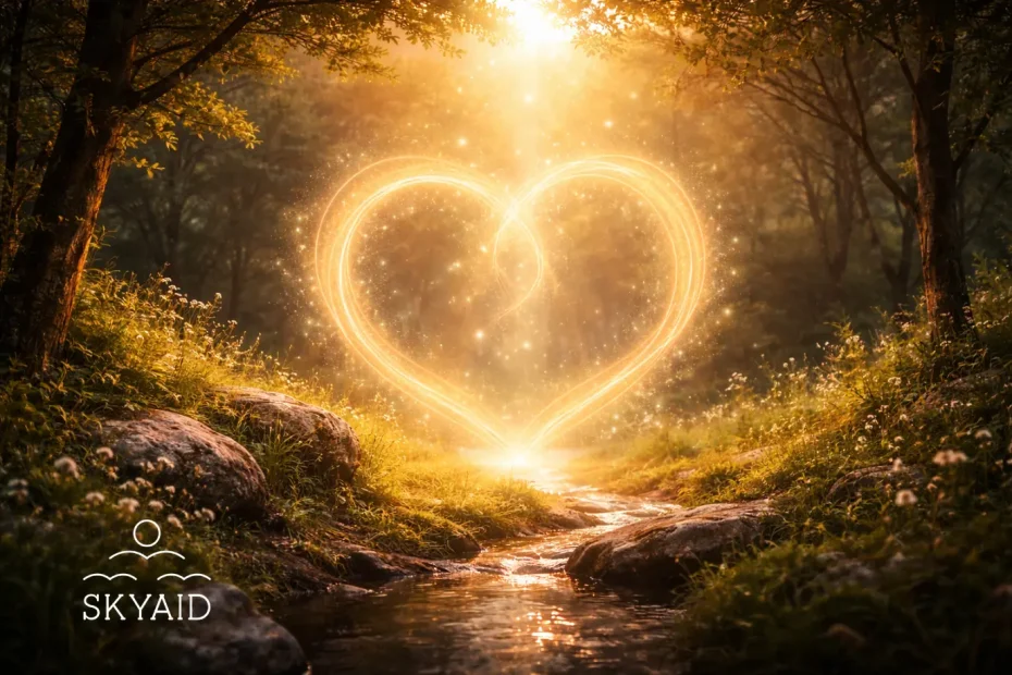 Símbolo de dos caminos de luz unidos en forma de corazón que representan el acompañamiento espiritual consciente en armonía con la naturaleza.