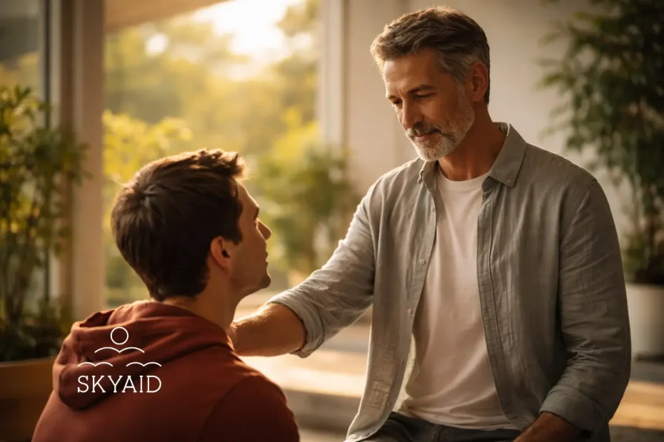 Compasión silenciosa como guía espiritual entre un maestro y un discípulo, representando una presencia serena que acompaña sin invadir y orienta sin controlar.