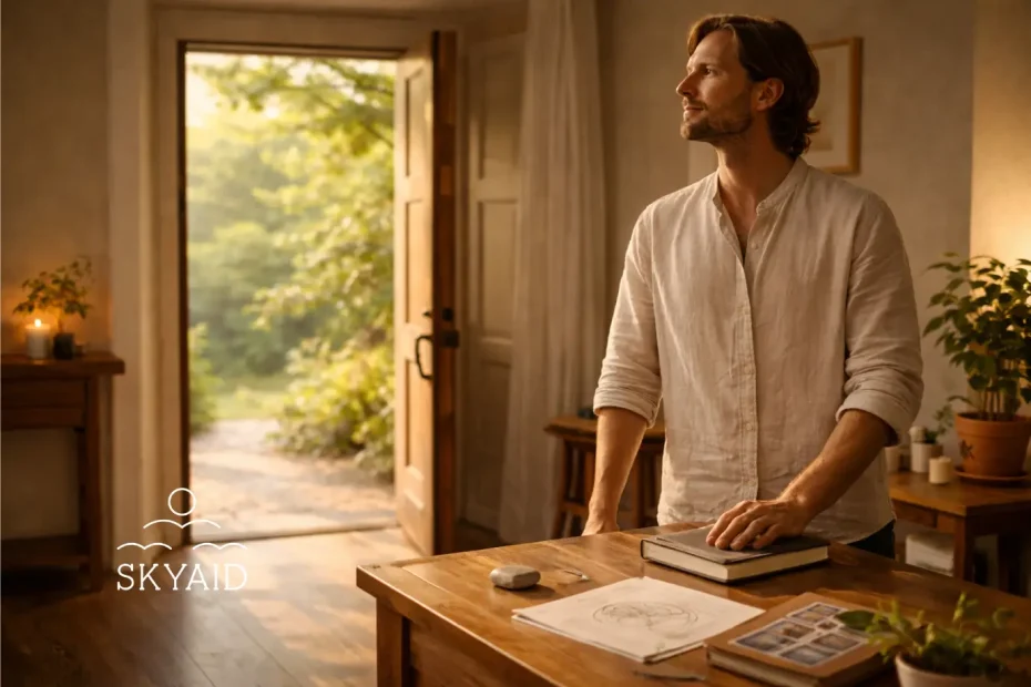 desapego de la metodología en la sanación espiritual representado por un sanador que cierra su libro y confía en su experiencia interior