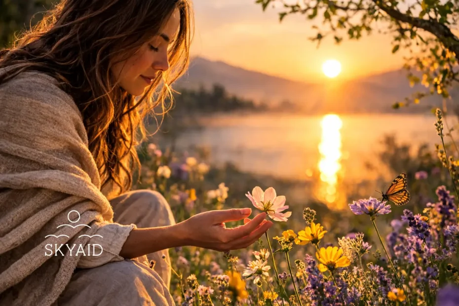 Persona tocando una flor al amanecer en la naturaleza representando la esencia floral espiritual y su conexión sutil entre naturaleza y conciencia humana.