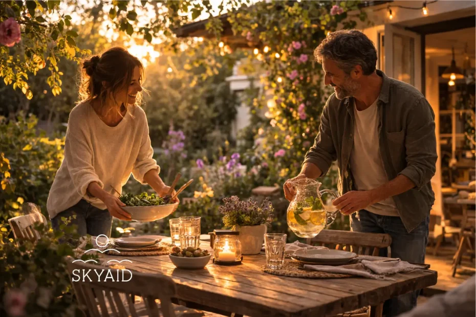 seguridad emocional en una relación representada por una pareja preparando una mesa juntos en su jardín con una actitud relajada y confiada