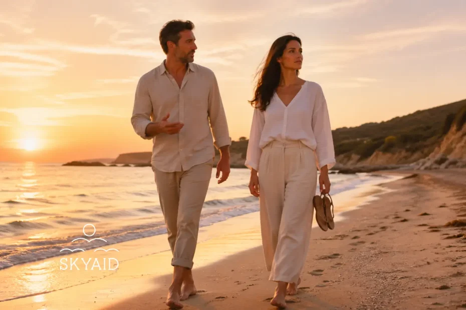 acompañamiento femenino consciente en la maduración masculina en un paseo tranquilo por la playa al atardecer