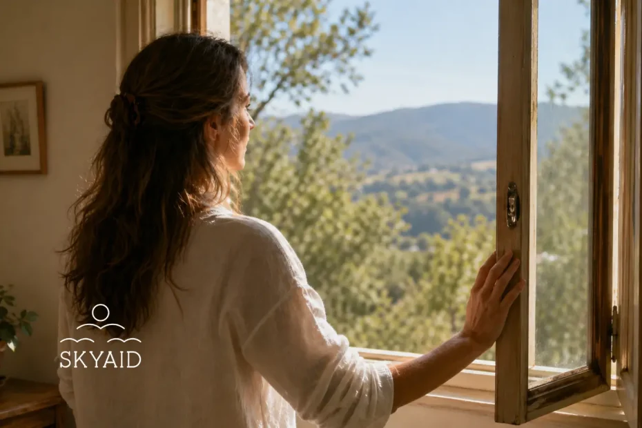 mujer frente a ventana abierta viviendo el amor como riesgo sagrado en un momento de decisión interior