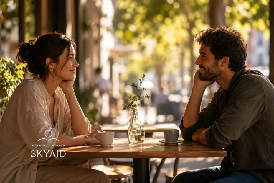 coqueteo sagrado entre dos personas que se miran con cercanía y respeto sin posesión