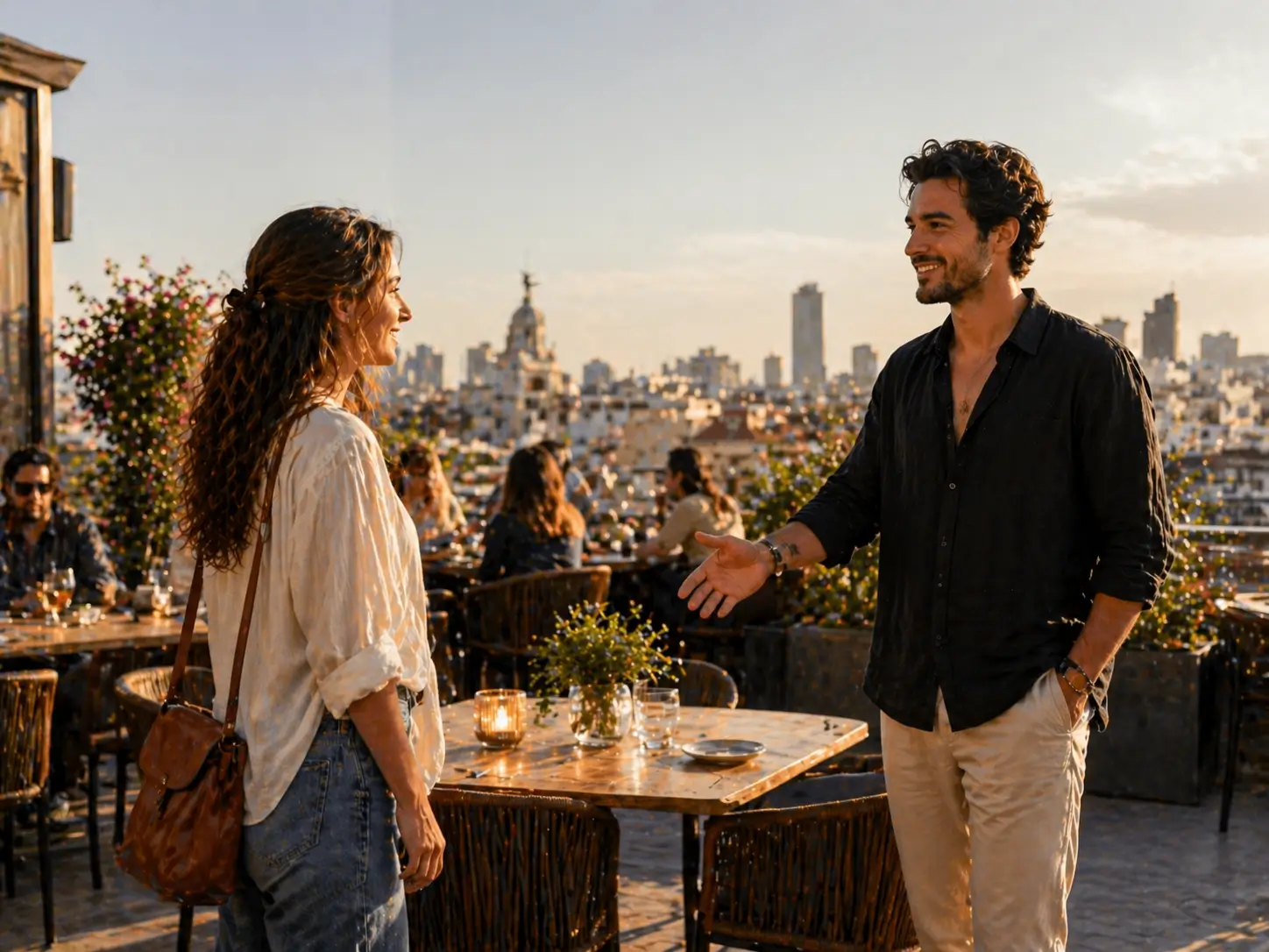 hombre y mujer encontrándose en una terraza elegante con luz natural lateral y ambiente urbano acogedor