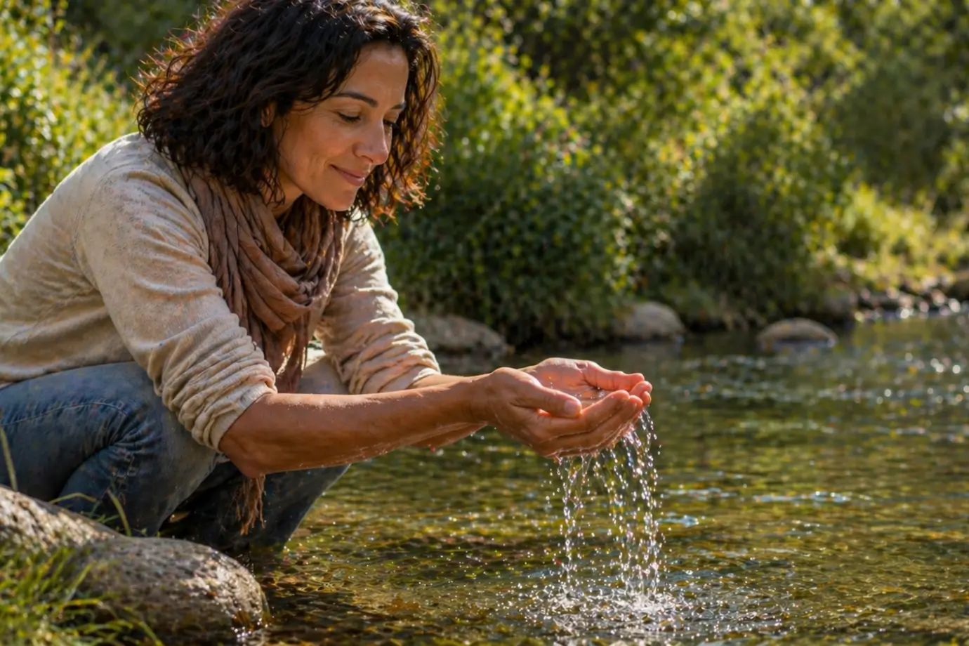 mujer dejando fluir agua entre sus manos en un río con gesto sereno y actitud de confianza natural