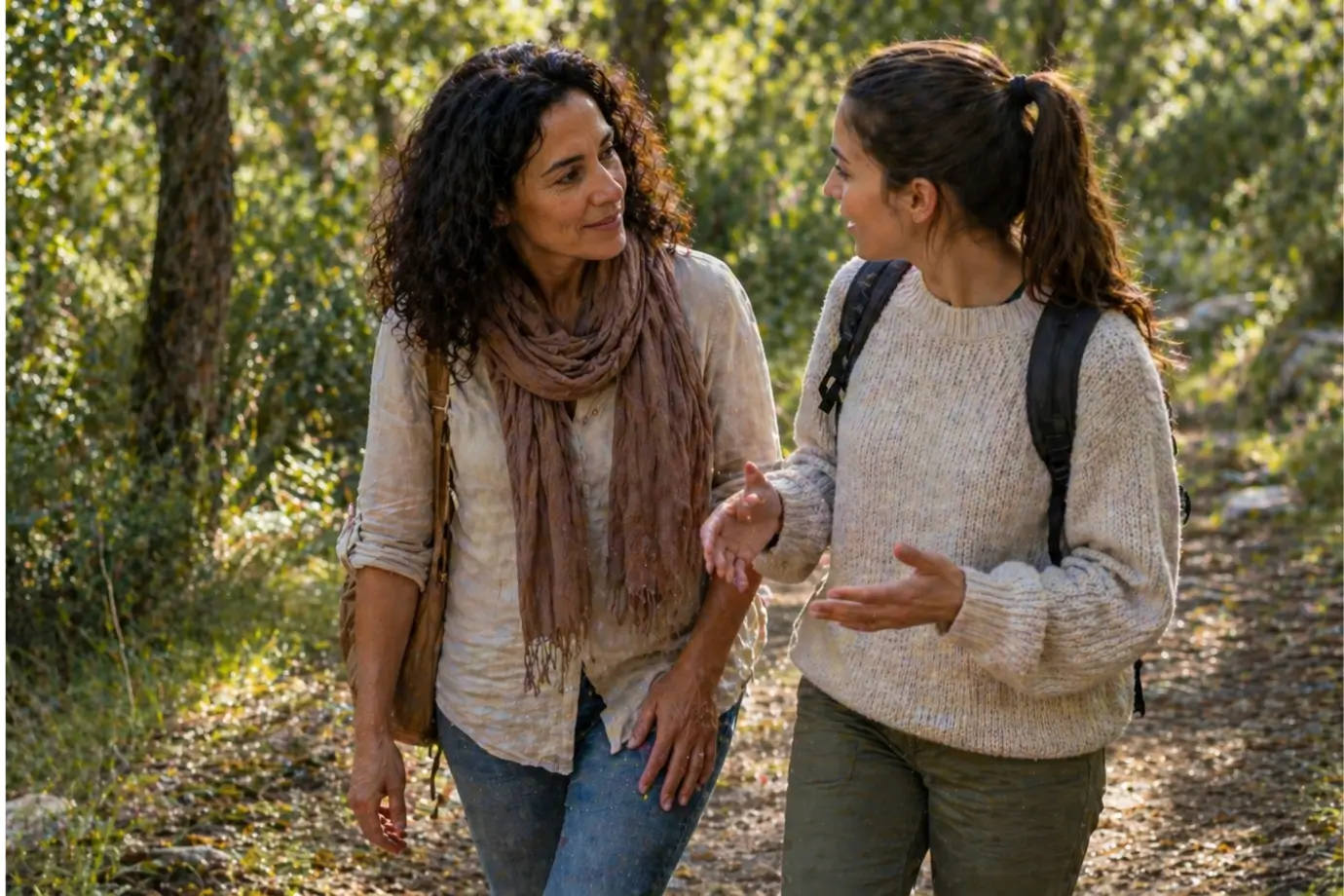 servicio espiritual como juego sagrado reflejado en dos mujeres caminando y conversando con atención y naturalidad