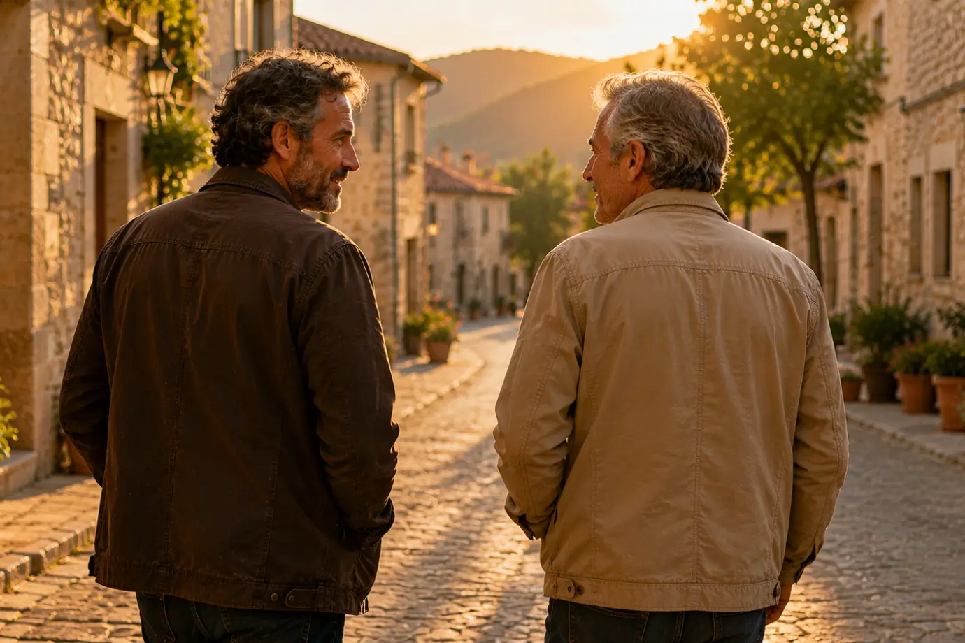 Dos personas caminando juntas por una calle tranquila de un pequeño pueblo al atardecer