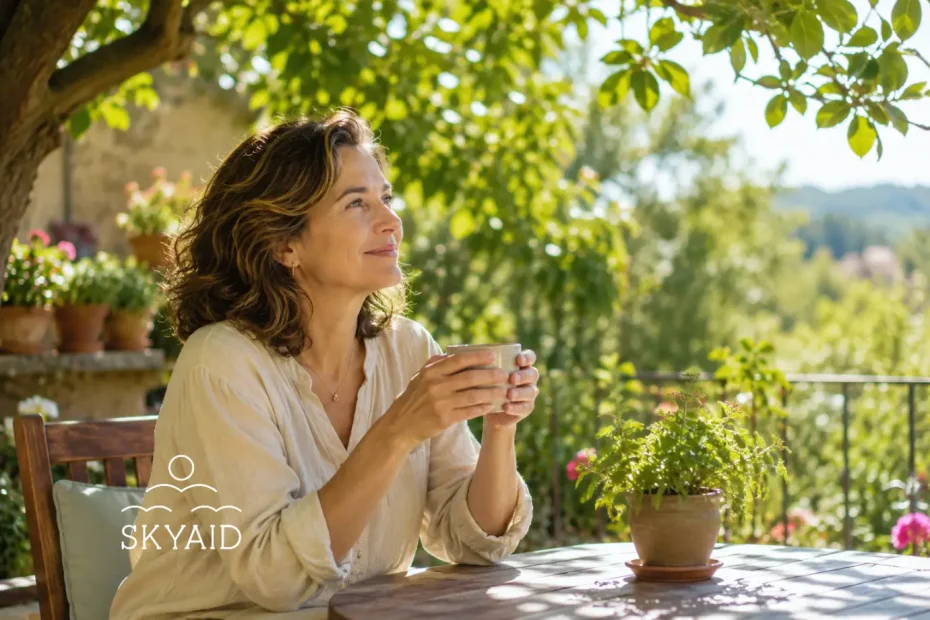 Mujer disfrutando de un momento de calma en una terraza ajardinada, reflejando el cansancio de sostenerlo todo por dentro y la recuperación de la ligereza