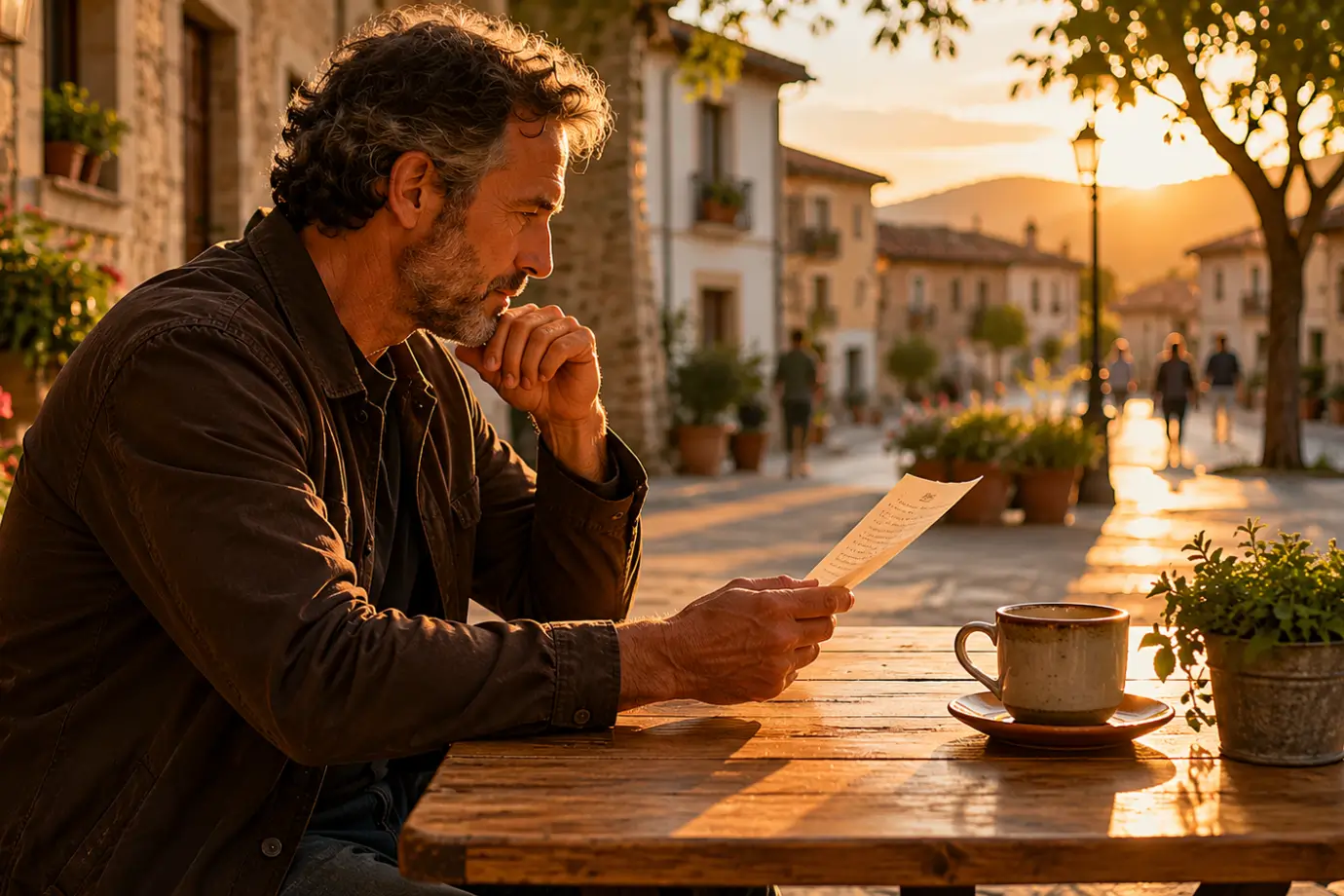 Hombre reflexionando con una carta en una terraza tranquila de un pequeño pueblo al atardecer