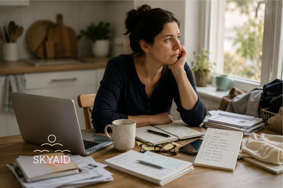 Mujer intentando comprender para sentir calma mientras sostiene demasiadas preocupaciones cotidianas
