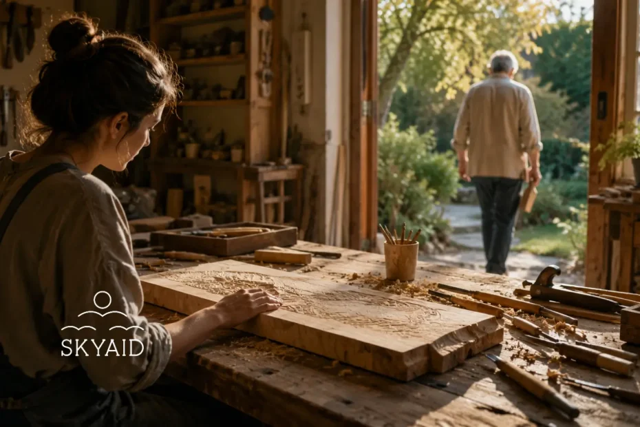 Dejar algo incompleto para que otros puedan crecer en un taller de madera donde una persona continúa una obra abierta dejada por otra