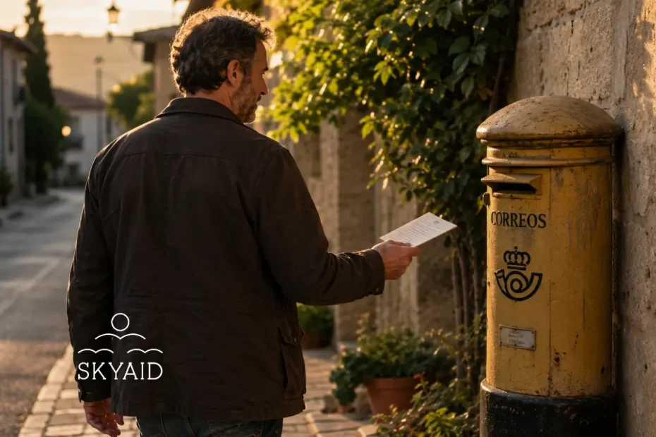 Persona sosteniendo una carta junto a un buzón en una calle tranquila, símbolo de dejar el reconocimiento para después