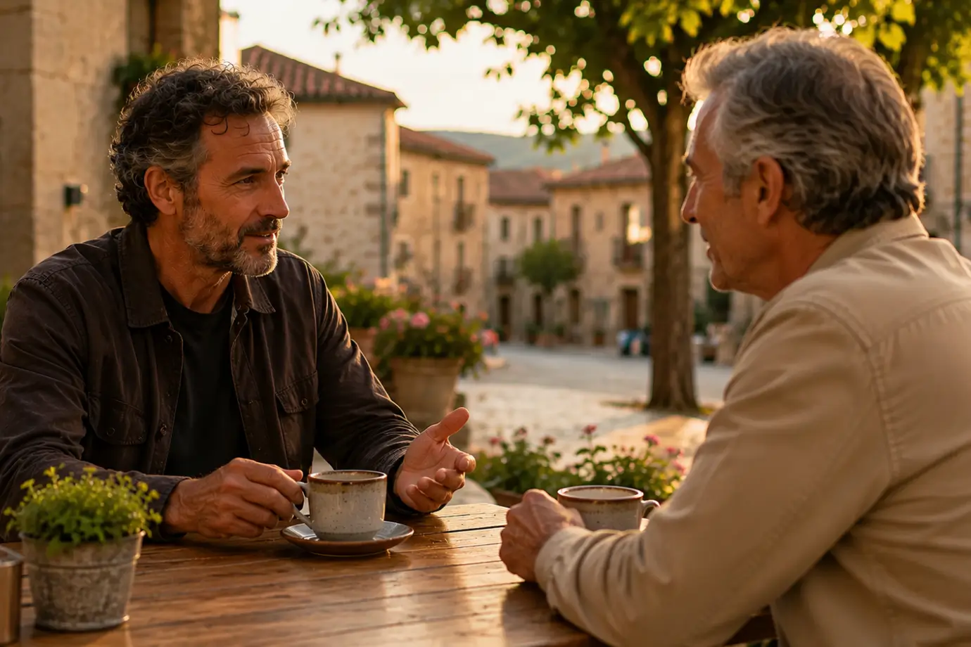 Dos personas conversando en una terraza tranquila, símbolo de dejar el reconocimiento para después y encontrar el momento de expresarlo