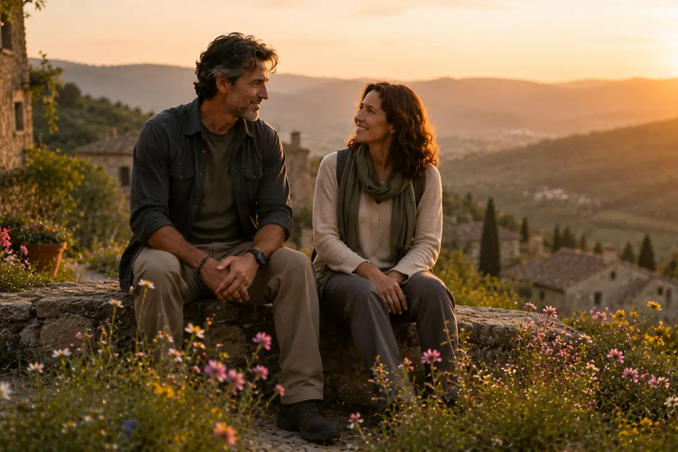Dos personas descansan juntas en un entorno natural y contemplativo rodeadas de flores silvestres al atardecer
