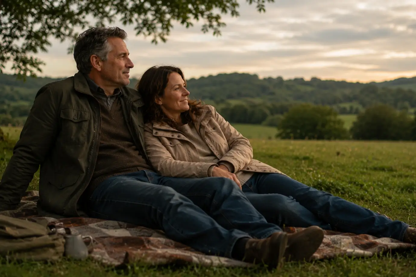 Pareja descansando tranquilamente sobre una manta en un campo abierto al atardecer