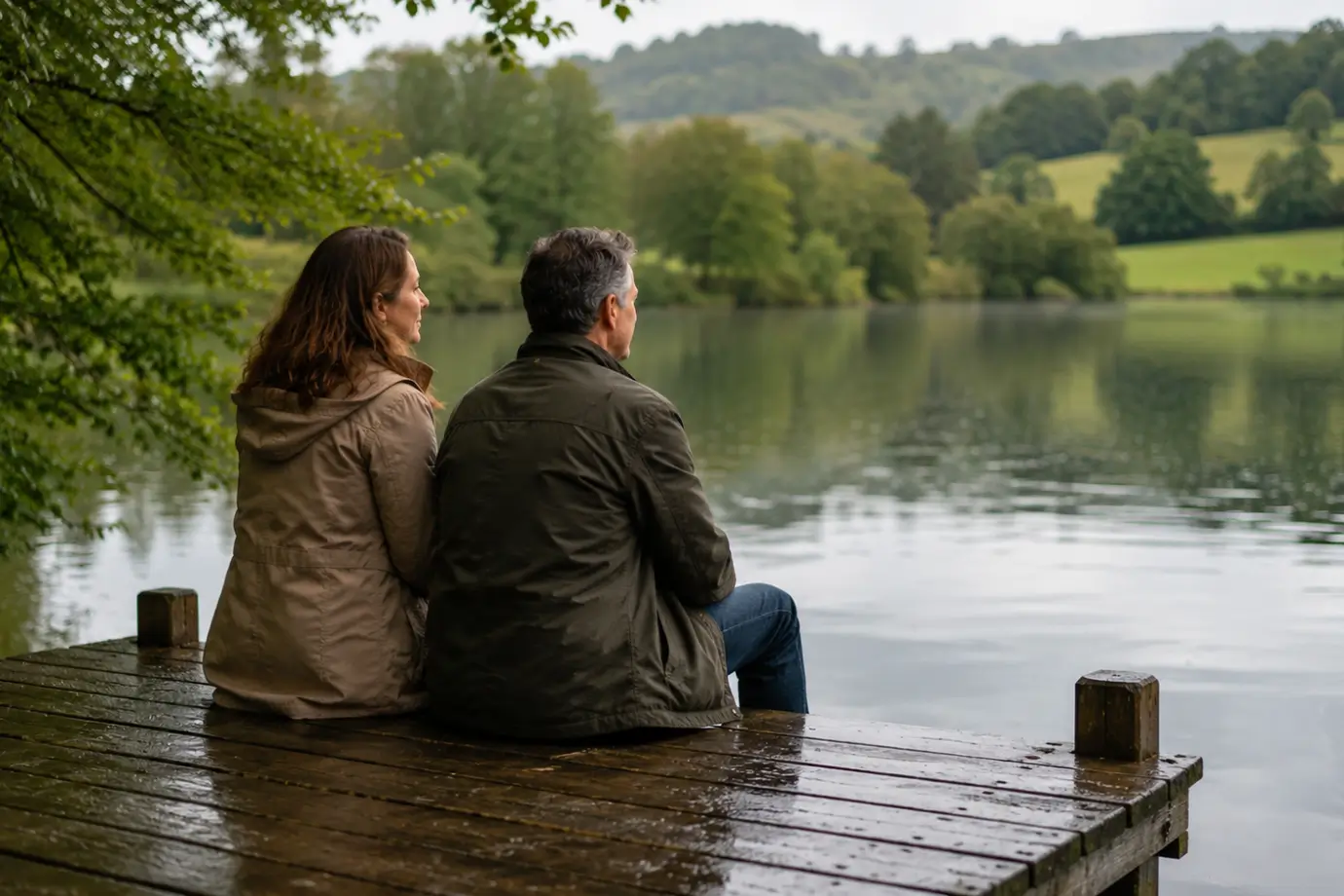 Pareja sentada junto a un lago tranquilo después de la lluvia compartiendo un momento de calma y silencio interior