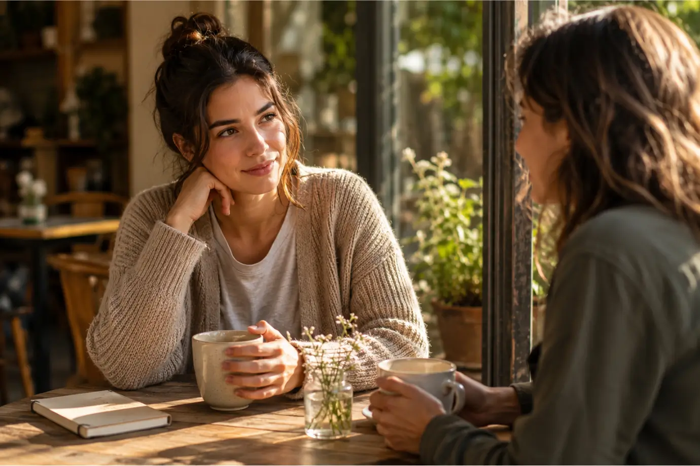 Mujer compartiendo una conversación tranquila en una cafetería luminosa mientras recupera calma y presencia interior