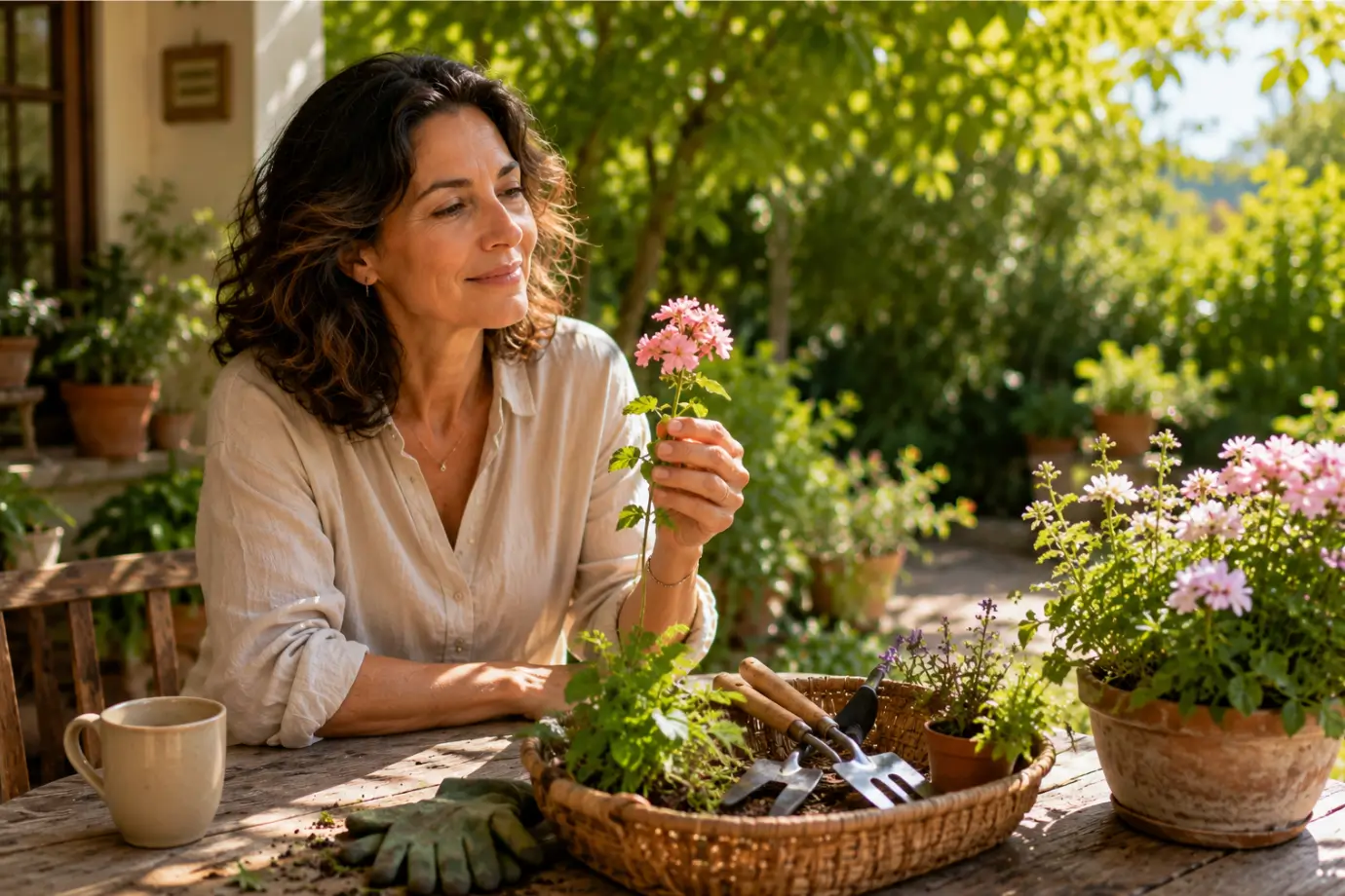 Mujer observando una flor mientras hace una pausa en una tranquila jornada de jardinería al aire libre