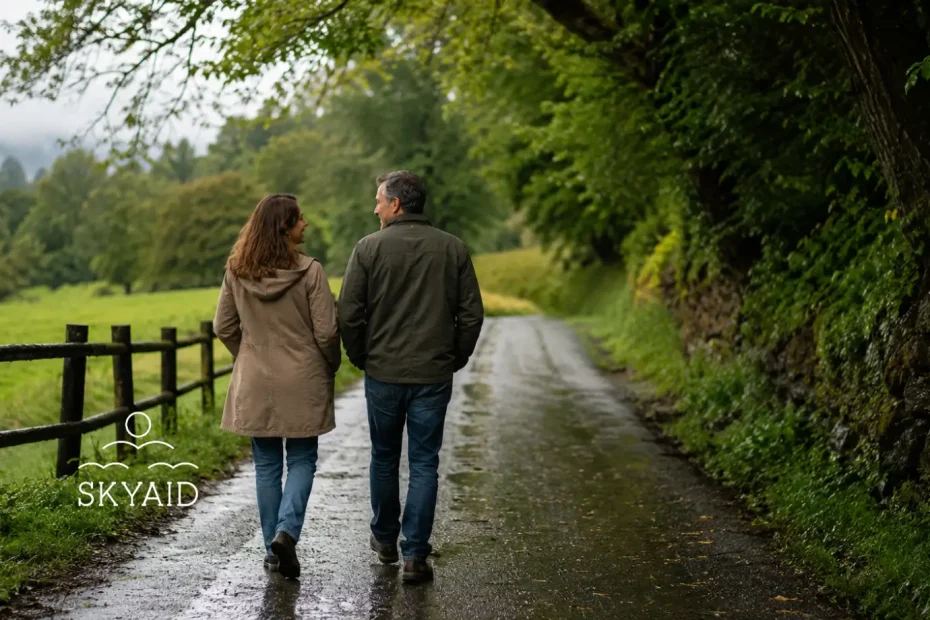 Pareja caminando después de la lluvia representando el ritmo espiritual del vínculo y la serenidad interior compartida