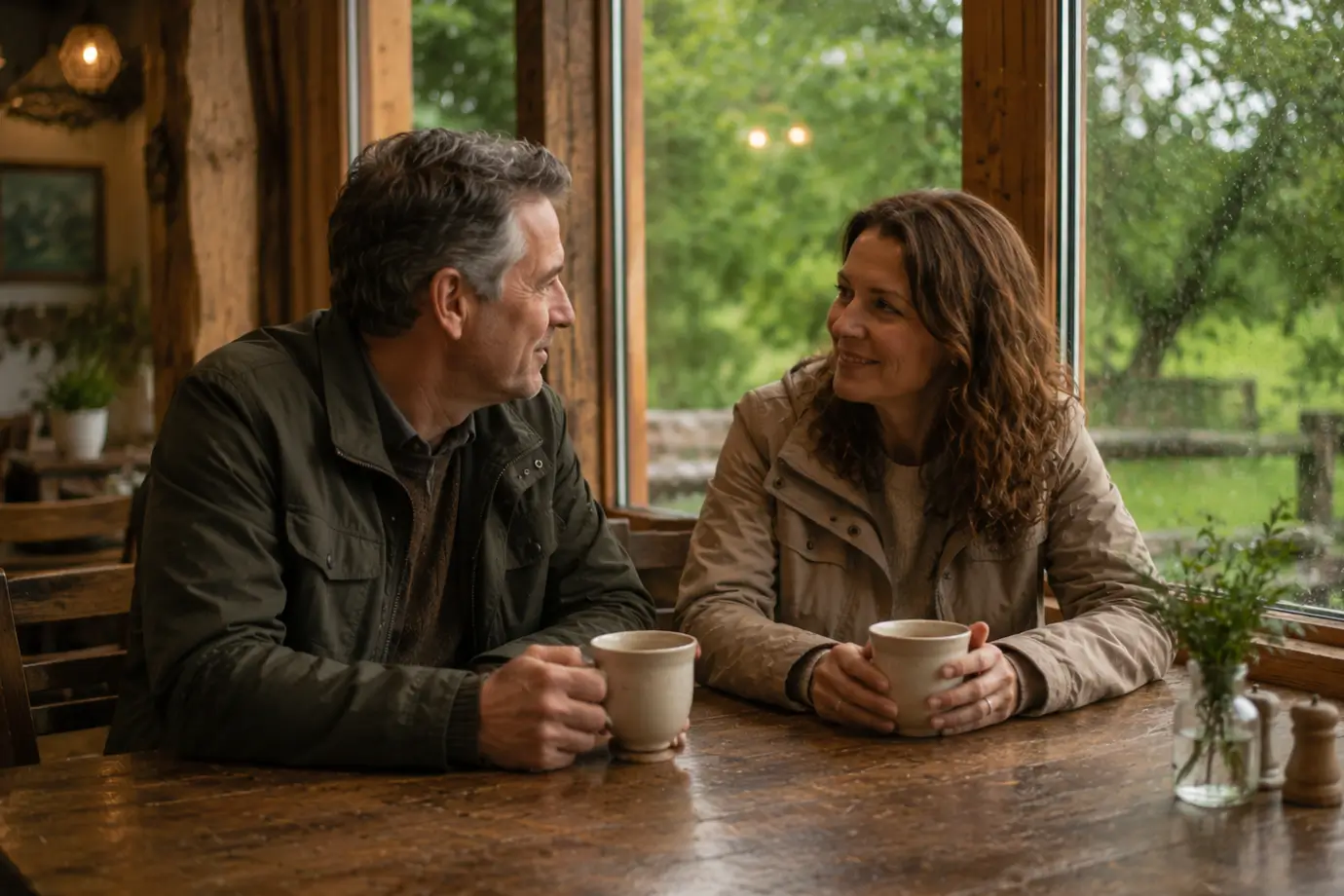 Pareja compartiendo un momento tranquilo en una cafetería rural representando el ritmo espiritual del vínculo