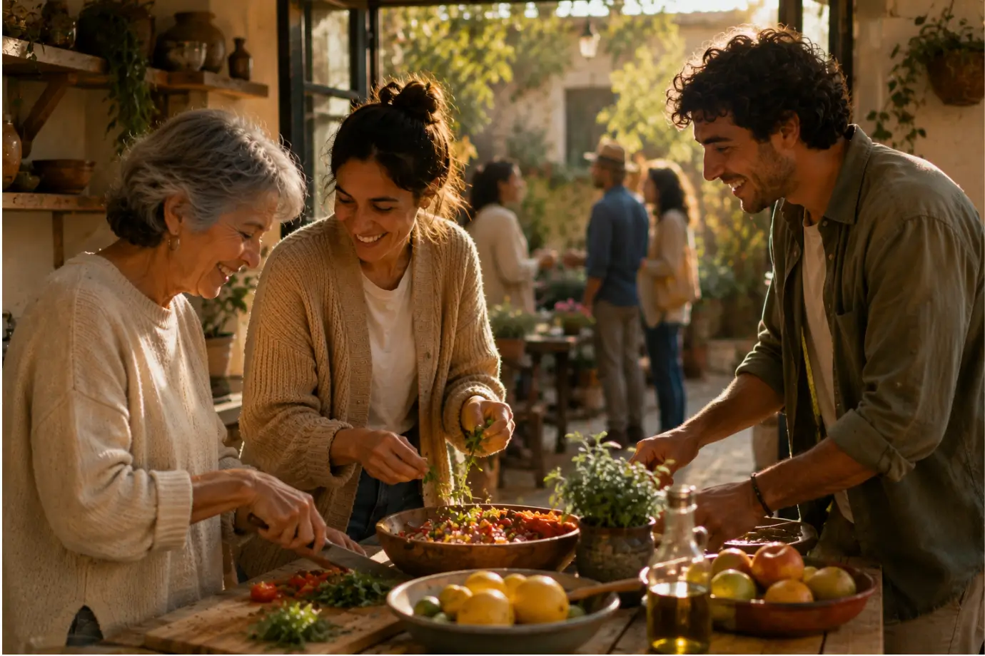 Personas de distintas edades preparando una comida juntas en un ambiente cercano y alegre
