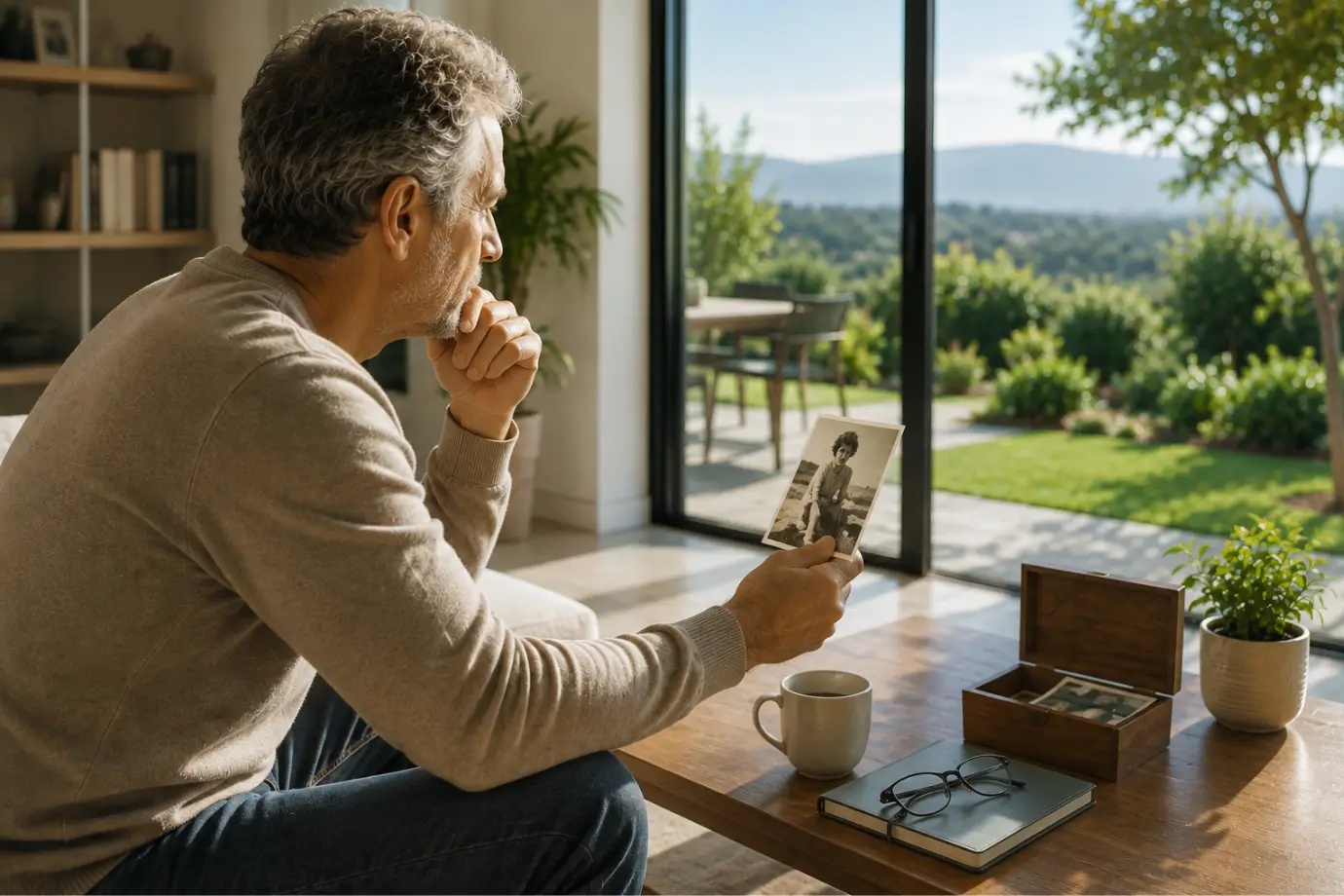 Hombre observa una antigua fotografía y recuerda una etapa de su historia